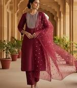 maroon color embroidered poly silk styles kurta trouser with dupatta