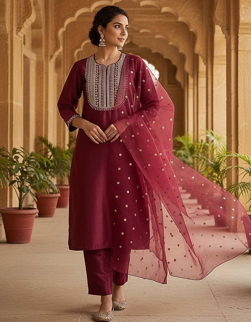 maroon color embroidered poly silk styles kurta trouser with dupatta