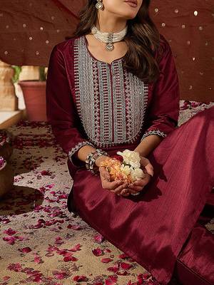 maroon color embroidered poly silk styles kurta trouser with dupatta 2