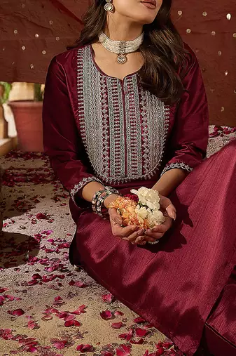 maroon color embroidered poly silk styles kurta trouser with dupatta