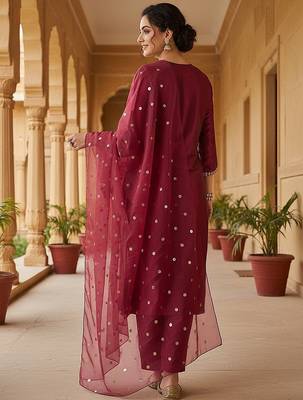 maroon color embroidered poly silk styles kurta trouser with dupatta 3