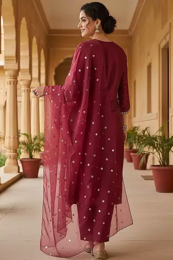 maroon color embroidered poly silk styles kurta trouser with dupatta