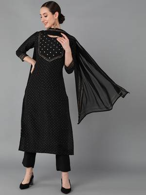 black color self design silk blend styles kurta trouser with dupatta 1