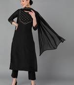 black color self design silk blend styles kurta trouser with dupatta