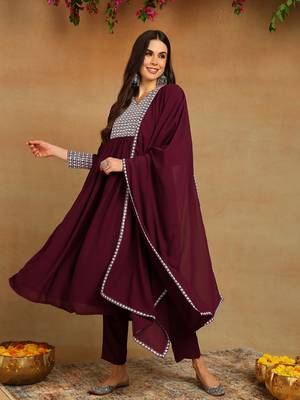 burgundy color embroidered poly georgette styles kurta trouser with dupatta 1