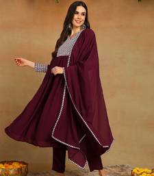 burgundy color embroidered poly georgette styles kurta trouser with dupatta