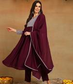 burgundy color embroidered poly georgette styles kurta trouser with dupatta