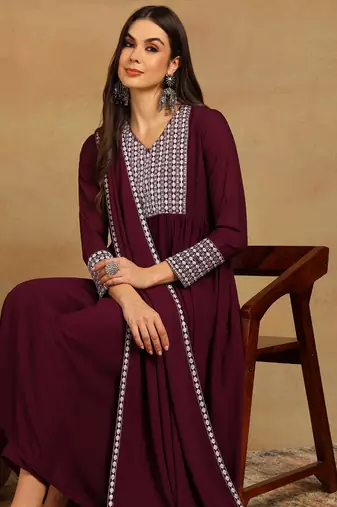 burgundy color embroidered poly georgette styles kurta trouser with dupatta