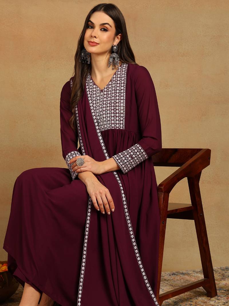 burgundy color embroidered poly georgette styles kurta trouser with dupatta