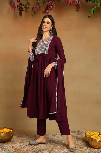 burgundy color embroidered poly georgette styles kurta trouser with dupatta