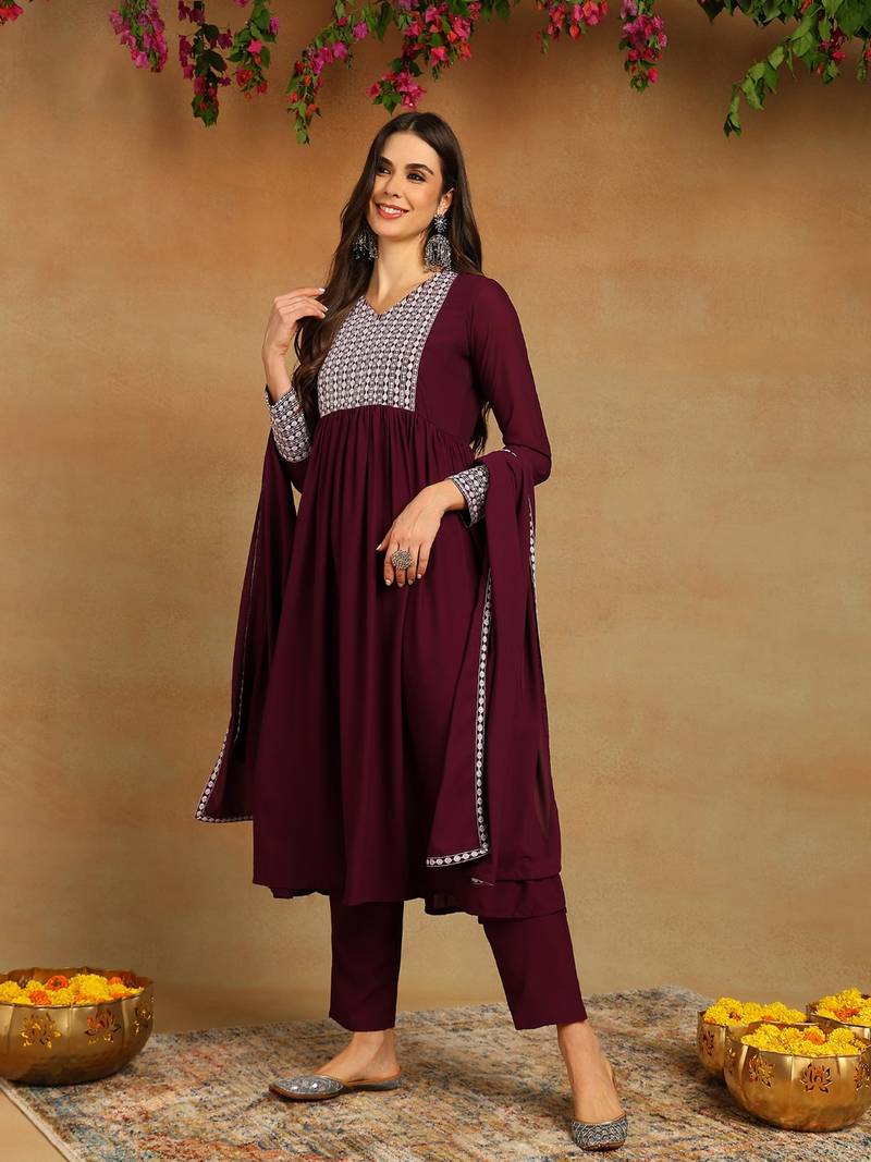 burgundy color embroidered poly georgette styles kurta trouser with dupatta
