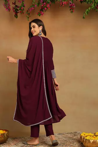 burgundy color embroidered poly georgette styles kurta trouser with dupatta