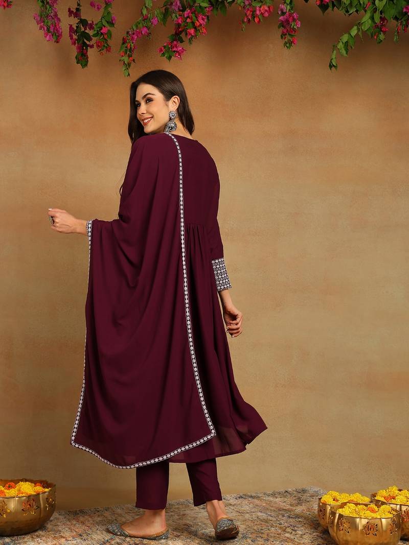 burgundy color embroidered poly georgette styles kurta trouser with dupatta