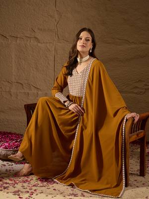 mustard color embroidered poly georgette styles kurta trouser with dupatta 1