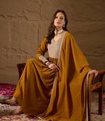 mustard color embroidered poly georgette styles kurta trouser with dupatta
