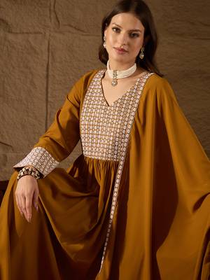 mustard color embroidered poly georgette styles kurta trouser with dupatta 2