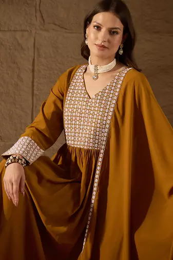 mustard color embroidered poly georgette styles kurta trouser with dupatta