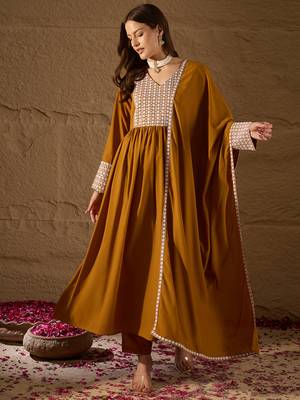 mustard color embroidered poly georgette styles kurta trouser with dupatta 3