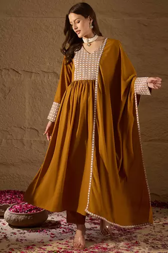mustard color embroidered poly georgette styles kurta trouser with dupatta