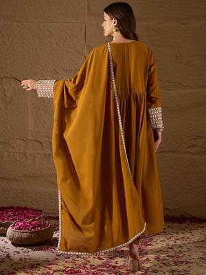 mustard color embroidered poly georgette styles kurta trouser with dupatta 4
