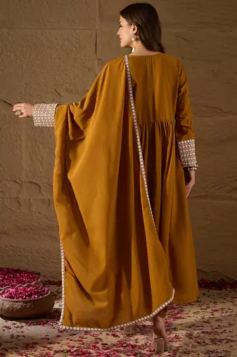 mustard color embroidered poly georgette styles kurta trouser with dupatta