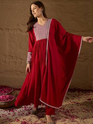 red color embroidered poly georgette styles kurta trouser with dupatta 1