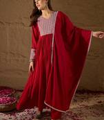 red color embroidered poly georgette styles kurta trouser with dupatta