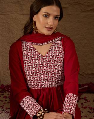red color embroidered poly georgette styles kurta trouser with dupatta 2