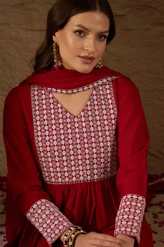 red color embroidered poly georgette styles kurta trouser with dupatta
