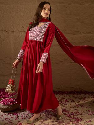 red color embroidered poly georgette styles kurta trouser with dupatta 3