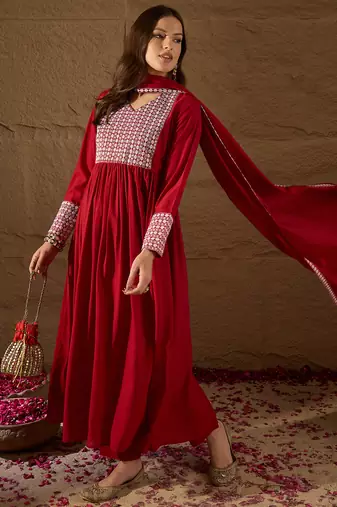 red color embroidered poly georgette styles kurta trouser with dupatta