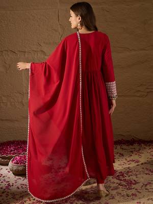 red color embroidered poly georgette styles kurta trouser with dupatta 4