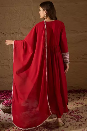 red color embroidered poly georgette styles kurta trouser with dupatta