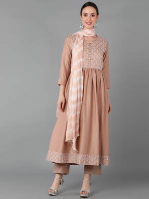 beige color embroidered silk blend styles kurta trouser with dupatta 1