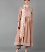 beige color embroidered silk blend styles kurta trouser with dupatta