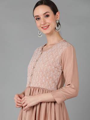 beige color embroidered silk blend styles kurta trouser with dupatta 2