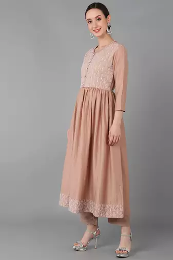 beige color embroidered silk blend styles kurta trouser with dupatta