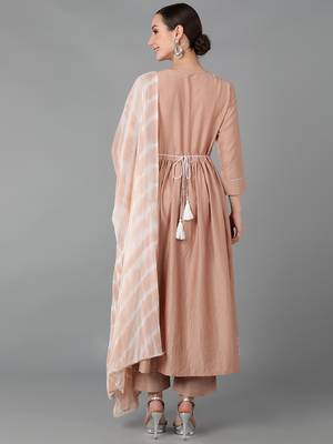 beige color embroidered silk blend styles kurta trouser with dupatta 4