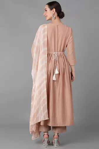 beige color embroidered silk blend styles kurta trouser with dupatta