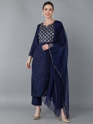 navy blue color yoke design silk blend styles kurta trouser with dupatta 1
