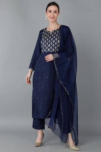 navy blue color yoke design silk blend styles kurta trouser with dupatta