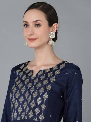 navy blue color yoke design silk blend styles kurta trouser with dupatta 2