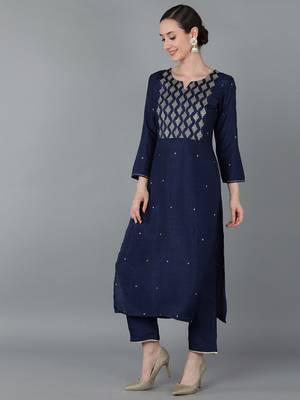 navy blue color yoke design silk blend styles kurta trouser with dupatta 3