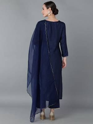 navy blue color yoke design silk blend styles kurta trouser with dupatta 4