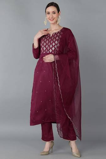 burgundy color yoke design silk blend styles kurta trouser with dupatta