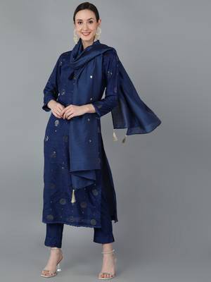 navy blue color embroidered silk blend styles kurta trouser with dupatta 1