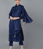 navy blue color embroidered silk blend styles kurta trouser with dupatta