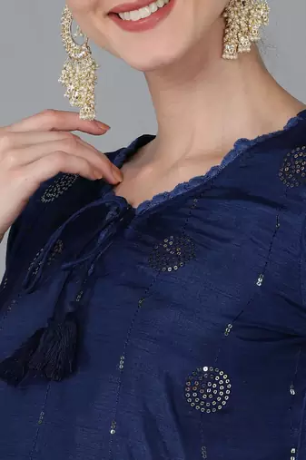 navy blue color embroidered silk blend styles kurta trouser with dupatta