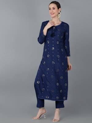 navy blue color embroidered silk blend styles kurta trouser with dupatta 3
