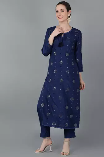 navy blue color embroidered silk blend styles kurta trouser with dupatta